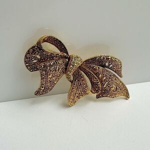 Vintage Large Ribbon Bow Brooch Scarf Lapel Pin Statement Jewelry Gold 3 Inches